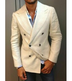 Beige Men Double Breasted Linen Suit Jacket Tuxedo Prom Party Dinner Suit Blazer